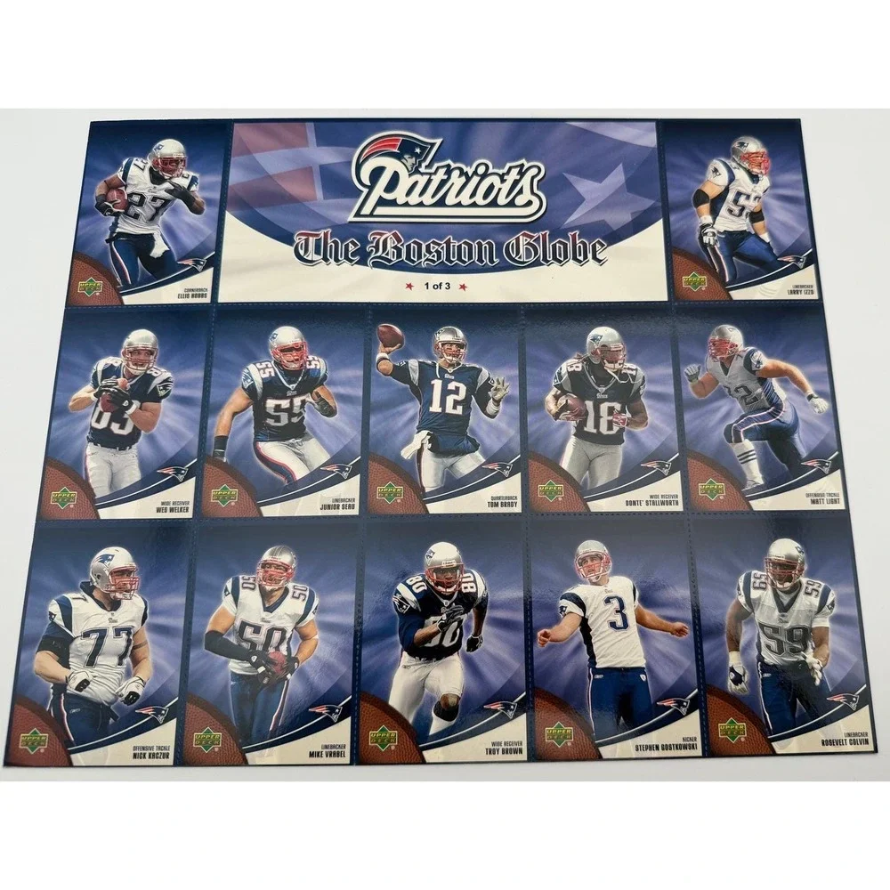 2007 Upper Deck New England Patriots Boston Globe Complete 3 Sheet Set Tom Brady